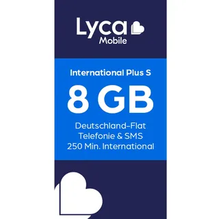 Lycamobile International Plus S Prepaid SIM Karte ohne Vertrag inkl. 8 GB Datenvolumen