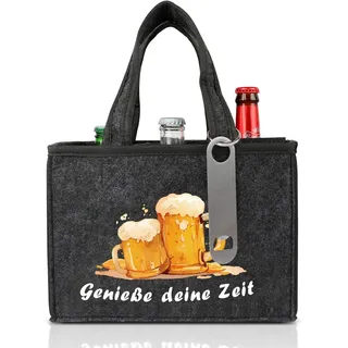 ipow Männerhandtasche Bier Flaschentasche mit Flaschenöffner, Flaschenträger 6 Flaschen aus hochwertigem Filz, wunderbares Geschenk für Herren, Vater, Sohn, Freund in Grau