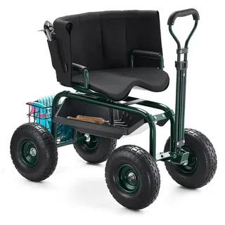 Vevor Mobiler Gartensitz 810x480x690/770 mm, Gartenrollsitz mit höhenverstellbarer & um 360° drehbarer Sitzfläche, Tragkraft 180 kg, Rückenlehne & Werkzeugaufbewahrung, für Garten, Hof, Terrasse