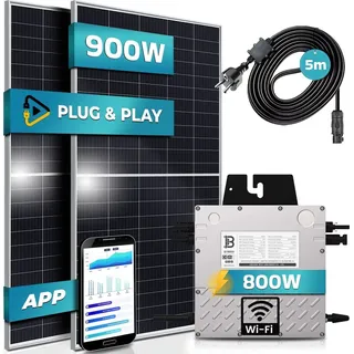 SUNNIVA® 900W Balkonkraftwerk 800W komplett Steckdose - Beny 800W Wechselrichter - PV Solaranlage Komplettset - 2x 450W (900W) Solarmodule - 5m Kabel -WIFI