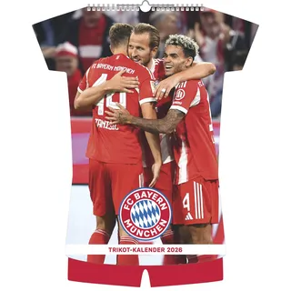 Neumann N Neumann - FC Bayern München 2026 - Trikotkalender 34x42 cm mit 12 Monatsblättern, 2-sprachigem Kalendarium & Spiralbindung, origineller Fußball-Wandkalender in Trikotform für Fans