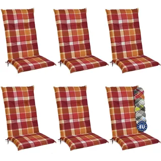 Beautissu 6er Set Hochlehner Auflagen Set Gartenstühle 120x50 cm Polster Rot Kariert – 6cm Dicke Polsterauflage Bequem, rutschfest & UV-Lichtecht 5 – Stuhlkissen Sitzauflage – Sunny RO