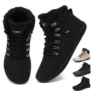 Geweo Barfußschuhe Winter Sneaker Stiefel Breite Walking Schuhe Barfuss Damen Herren Trail Minimalistische Warm Gefüttert Leder Zero Drop Solhe Fitness Weit Rutschfest Wasserabweisend - 38EU( 1 Nr. größer wählen)