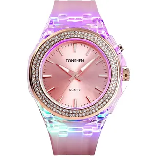 TONSHEN Damen und Mädchen Fashion Analog Quarz Uhren 50M Wasserdicht Plastik Lünette und Kautschuk Band Armbanduhr (Rose)