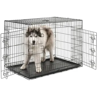 LIONTO Tiertransportbox für Hunde und Katzen, vielseitiger Transportkäfig mit hygienischer Kunststoffwanne, 106x71x77 cm, Hundebox aus Metall mit stabilen Sicherheitsverschlüssen & Trennwand, schwarz