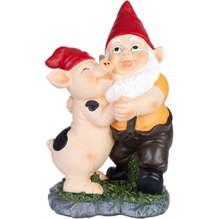 BRUBAKER Gartenzwerg Tanzt mit Ferkel - Zwerg mit Schwein - Gartenfigur Lustig - Dekoration Wetterfest für Garten Campingplatz - Gartendeko für außen - 24 cm groß