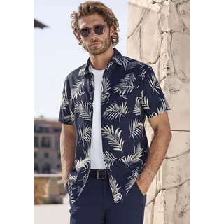 John Devin Hawaiihemd JOHN DEVIN "Regular fit" Gr. M (39/40), N-Gr, blau (navy, creme), Herren, Web, Obermaterial: 100% Baumwolle, gemustert, Hemden, Kurzarm, Freizeithemd mit Palmenprint aus reiner Baumwolle