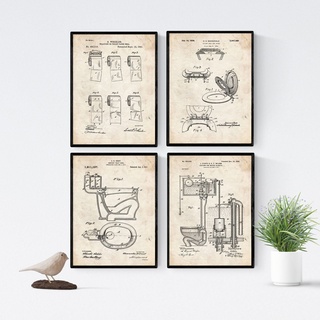 Nacnic Badezimmer Patent Poster 4er-Set. Vintage Stil Wanddekoration Abbildung von Toiletten und Alte Erfindungen. Verschiedene lustig Klempnerei Bilder ohne Rahmen. Größe A4.