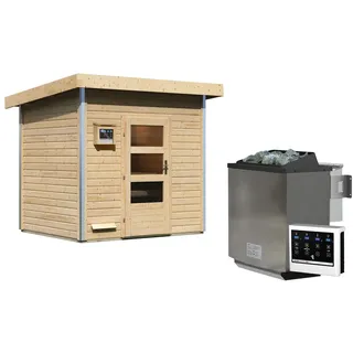 Karibu Gartensauna Pultdach Saunahaus Norge-9 kW Bio-Kombiofen inkl. Steuergerät-Moderne Saunatür (Klarglas)
