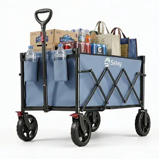 Sekey Bollerwagen Ultraleicht Faltbarer Handwagen Transportkarre bis zu 80kg / 100kg, 100 KG / 120 L Einkaufswagen Campingwagen mit Höhenverstellbarem Griff blau