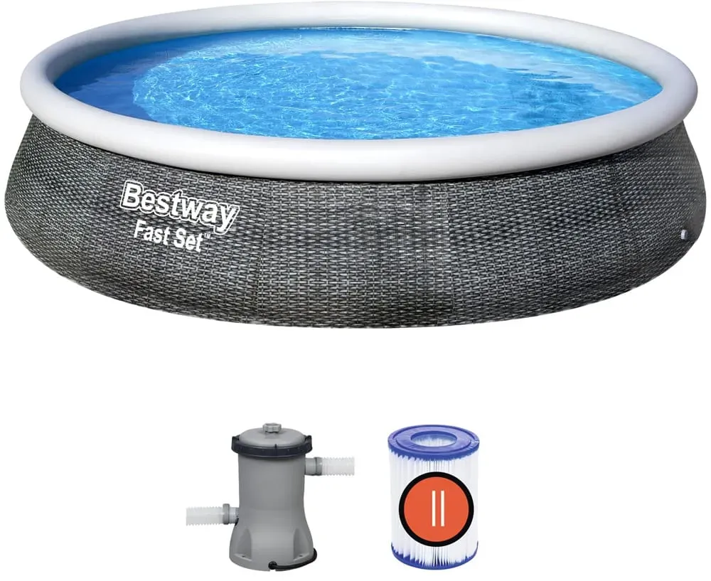 Bestway Fast Set Pool, 396 x 84 cm, Set mit Filterpumpe, rund, graue Rattan-Optik