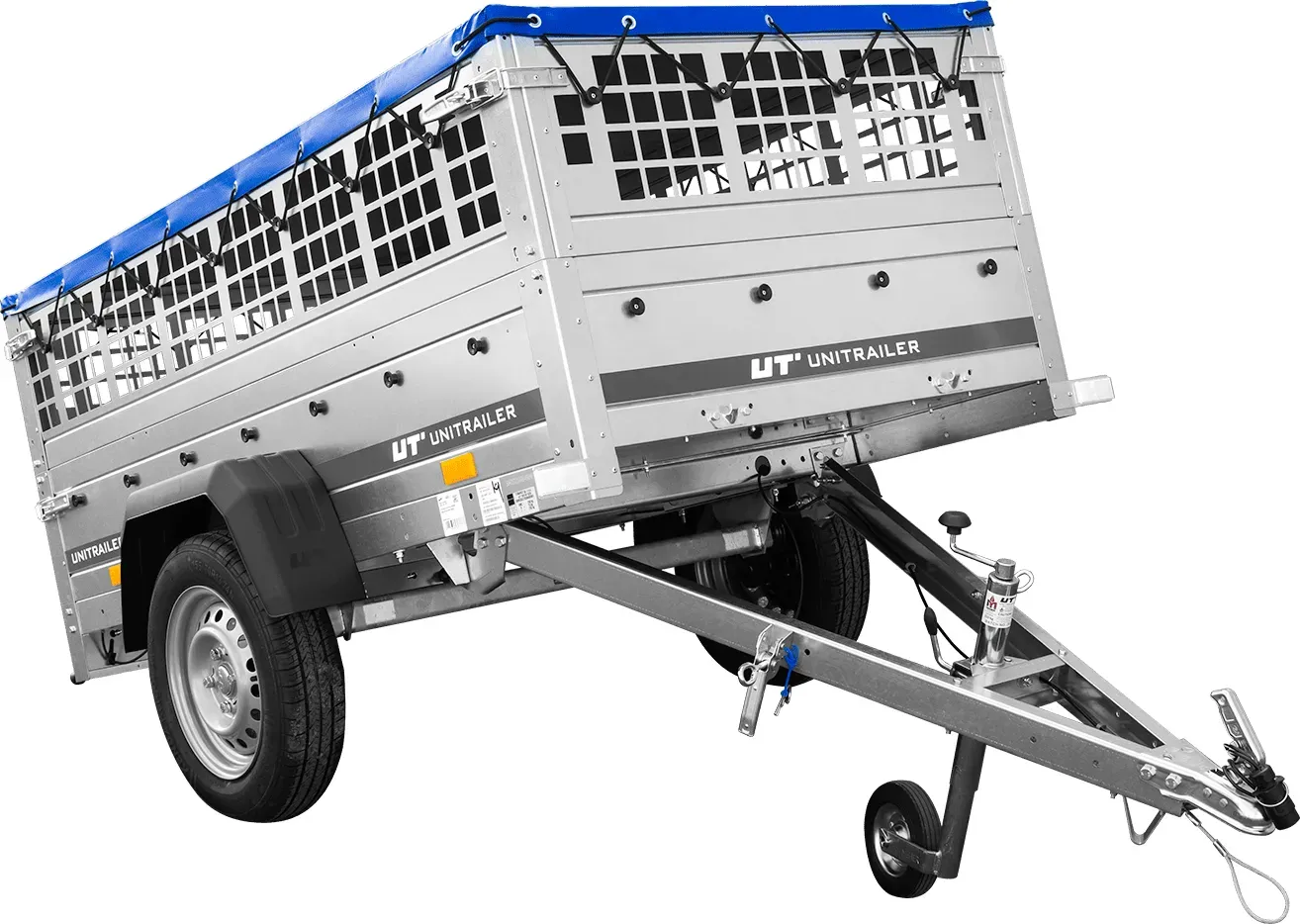 Einachsanhänger 200x106 UNITRAILER GARDEN 200 KIPP mit Maschenseitenwänden und blauer Plane