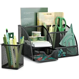 UMILKI 2 Pcs Schreibtisch Organizer mit Stiftehalter Set, Metall Stiftehalter Schwarz Lagerregal, Büro Tisch Organizer mit Schubladen für Stifte Hefter Ordnerklammern Haftnotizen