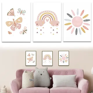 AUEFUDQ 3 Stücke Bilder Kinderzimmer Poster Regenbogen Herzen Boho Wandposter, Bilder Set Junge Mädchen Babyzimmer Kinderbilder, Wandposter Premium, Ohne Rahmen(21x30cm)