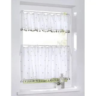 Kutti Scheibengardine Honey (1 St), Bindebänder, blickdicht, Kurzgardine, Baumwolle, bestickt, Landhaus, Spitze, Quasten, Biene weiß 120 cm x 25 cm