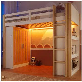 Merax Hochbett mit LED-Beleuchtung (Jugendbett Holzbett, 1-St) Kiefernholz Kinderbett 90x200cm mit Kleiderschrank Regal Schreibtisch weiß 102 cm x 205 cm x 165 cm