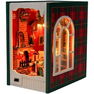 Christmas Booknook - Kit Weihnachten Miniatur Puppenhaus Kit | Buchstütze Aus | Merry Christmas House Modell Booknook Mit LED-Leuchten Für Bücherregal Einsatz Dekoration