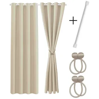 Cozyor Vorhang Set mit 2x Gardine + 2x Vorhanghalter + 1x Gardinenstange ohne Bohren (2 St), Ösen, verdunkelnd, Polyester, blickdicht beige Driftwood, Thermo Gardine 240x135 cm mit Magnethalter, Flur & Fenster beige