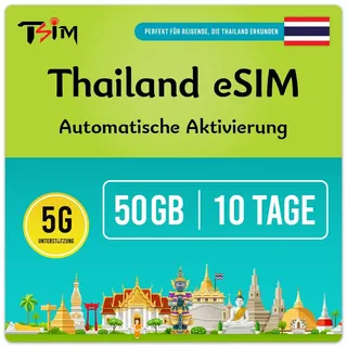 TSIM Thailand eSIM-Karte 10 Tage 50GB | Lokale Nummer + CallHome | Auto-Aktivierung | 5G AIS-Netzwerk mit Tethering/Hotspot/Internet-Sharing