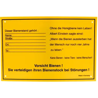 Vorsicht Bienen Warnschild mit eigener Adresse | PVC Schild 30x20 cm | Wetterfest, wasserfest & UV-beständig | Für Imkerei Imker Bienenstand