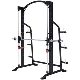 Gorilla Sports GORILLA SPORTS® Power Rack - inkl. Langhantelstange, 25 mm / 50 mm, bis 300 kg Belastbar, 6 Hantelscheibenablagen, aus Stahl, Schwarz - Multipresse, Smith Machine, Power Cage, Squat Rack