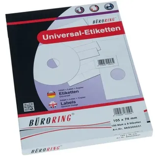 Büroring Etiketten, 105 x 74 mm, 800 Etiketten, weiß, für Laser-, Farblaser-, Inkjetdrucker, Kopierer, lösungsmittelfrei, Blattformat: DIN A4