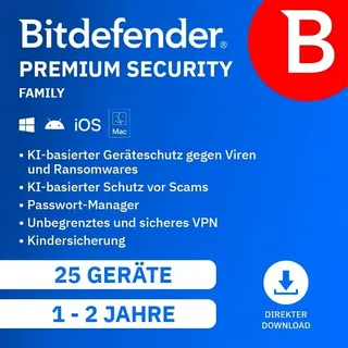 BitDefender Premium Security Family 2026 ESD 25 Geräte 1 Jahr DE Win Android iOS