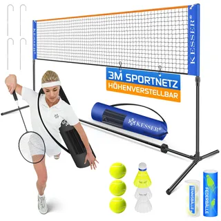 Kesser KESSER® Badmintonnetz, Tennisnetz 300cm 400cm 500 cm Federballnetz 3-Fach-Höhenverstellbar, Set bestehend aus Netz, 3x Feder- & Tennisball, stabilem Eisen-Gestell, Transporttasche, Indoor & Outdoor