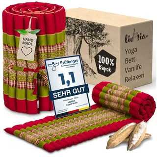 Livasia Rollmatte Rollmatratze S schmal - 200x50x4,5cm - Gästebett Gästematratze 1 Person mit Muster, Reisebett Kofferraum outdoor, Thaimatte Kapok für Garten Balkon handgefertigt (Rot/Grün)