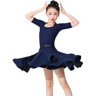 OTMYIGO Mädchen Nylon Latein Tanzkleid für Mädchen Kind Wettbewerb Ballsaal Tango Salsa Tanzkleidung Übungstanzkleidung,Navy Blue,150