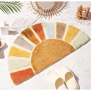 DyeFury Sunrise Boho-Badezimmerteppich, halbrund, niedlich, Sonnenbadteppich, Retro-Bohemian-Heim-Badezimmer-Dekoration, klein, bunt, lustig, halbrund, Duschvorleger, rutschfest, lustig, waschbar, für