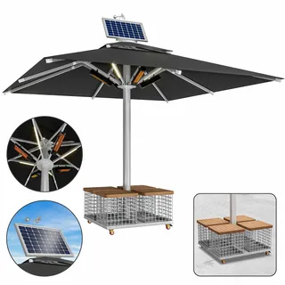 SUN LEON | Gastro Sonnenschirm Premium | B:T 500 x 500 cm | Schwarz | LED + Heizung 230V + Motor + Stahlkorb | Quadratisch