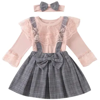 Kinder Kleinkind Baby Mädchen Kleidung Set Spitze Langarm Shirt Tops + Plaid Strapsrock + Stirnband Outfits, Rosa, 100, 2-3 Jahre - 2-3 Jahre