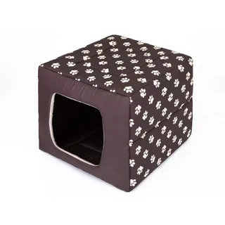 PillowPrim Hundehütte Hundebett 2in1 Hundehöhle Hundebett Hundehaus Tierbett braun mit Pfoten Größe L 48x48 cm