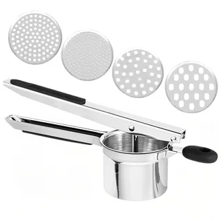 Edelstahl Kartoffelpresse mit 4 Einsätzen – Robuste & Ergonomische Kartoffelpresse – Leicht zu Reinigen, Ideal für Kartoffelpüree, Gemüse & Babynahrung