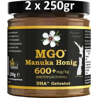 BEE NATURAL MGO 600+ PREMIUM MONOFLORAL NEUSEELAND MANUKA HONIG IN EINEM UMWELTFREUNDLICHEN ECHTGLASGEFÄß AUS NICHT GEFÄRBTEM GLAS * 500G (2x 250G)