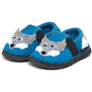 kitz-pichler Bobby Wolf - Kinder-Hausschuh für Jungen & Mädchen - bequemer Kinder-Filzhausschuh mit Gummizug und wasserfester Sohle Arctic Blue | 34 - 34 EU