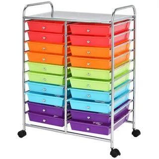 Costway Rollwagen mit Schubladen Rollcontainer Badrollwagen Badtrolley Badregal mit 20 stapelbaren Schubladen Metallgestell Beistellwagen Bunt