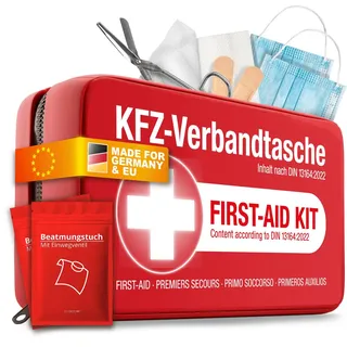 KFZ Verbandstasche nach aktueller Norm 2026 inkl. Beatmungstuch - Auto Verbandskasten europaweit nutzbar - Erste Hilfe Set neue Norm DIN 13164:2022 (StVO konform)