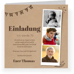 70. Geburtstag Einladungskarte in Kraft Look mit eigenen Fotos gestalten im Design "Polaroid Trio" - Musterkarte - Karten einfach online bei wunderkarten gestalten und bestellen