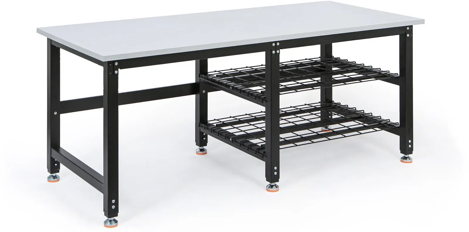 Höhenverstellbarer Packtisch PROFI, 1800 × 800 × 790–940 mm mit Fachböden