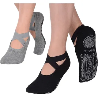Roinaid Yoga Socken 2 Paar Pilates Socken, Yoga-Socken Für Damen, Yogasocken Anti Rutsch Socken Damen, Antirutsch Socken Damen Yoga Socken Rutschfest für Yoga, Barre, Pilates, Tanz(Schwarz, Grau) - 37 Kurz