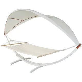 Mendler Hängematte HWC-J47, Hängeschaukel bis 200kg Sonnendach MVG-Holzgestell 420cm 2 Personen - weiß, Creme-weiß