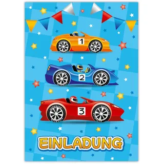 JUNAPACK Einladungskarten Auto zum Kindergeburtstag Jungen Einladungen Rennauto Karten car, Einladungskarten mit einem Auto Motiv zum Geburtstag