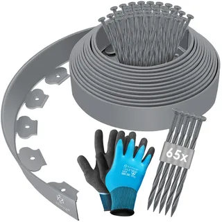 Kesser Flexible Rasenkante aus Kunststoff Länge 10m Höhe 5cm, mit 50 Erdanker + Handschuhe, Beeteinfassung Beetumrandung Beetbegrenzung Mähkante Pflastersteine Palisade