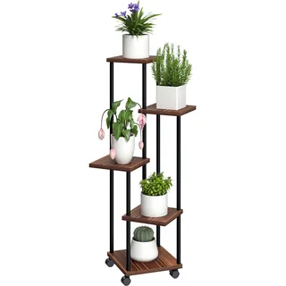 Outsunny 5-Etagen Pflanzenständer mit Räder, Blumenständer für Innen Außen, Pflanzenregal aus Stahl, Holz, mehrstöckig Blumenregal, 110cm hoch Blumentreppe