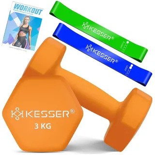 Kesser KESSER® Hantelset 2er Set 2kg - 5kg farbig, Kurzhanteln Neopren, Hexagon, Krafttraining, Workout, Fitnesstraining, für Zuhause Mit Übungsheft, 2x Fitnessbänder