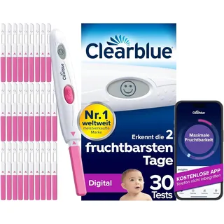 Clearblue Kinderwunsch Ovulationstest-Kit Digital, Bestimme Ihre 2 Tage maximaler Fruchtbarkeit, 1 Testhalterung Digital und 30 Tests, Teste die KOSTENLOSE Clearblue Perioden- & Zyklus-Tracker-App