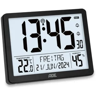 ADE Digitale XL-Funkuhr mit sehr großen Ziffern | Tischuhr Wanduhr mit 2 Weckzeiten und Beleuchtung | Thermometer Hygrometer | schmaler Rahmen in matt schwarz