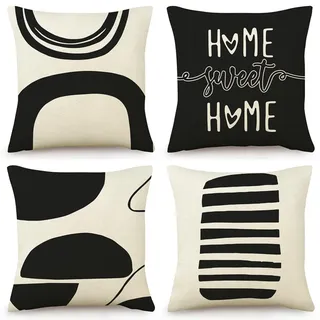OYIMUA Leinen Kissenbezug 40 x 40 4er Set Schwarz Geometrische Muster Dekokissen Quadratisch Sofakissen Outdoor Kissen